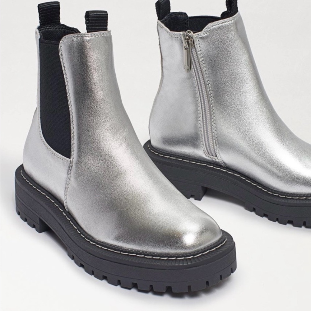 Sam Edelman Chelsea Silver Leather Ankle Boots with Black Accents - Picture 7 of 15